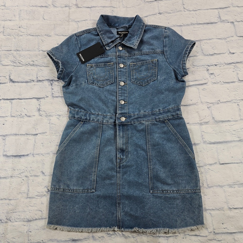 True Religion Denim SS Button Front Dress Women M Light Pacific Wash Frayed Hem